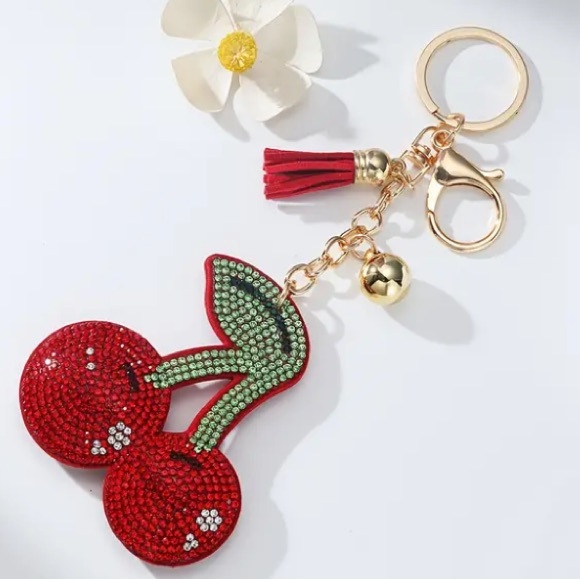 Boutique Accessories - Faux Suede & Rhinestone Cherries Key Chain Bag Charm